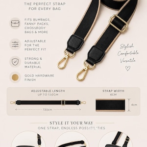 May include: An adjustable black bag strap with beige edges and gold-tone metal hardware. The strap features a maximum length of 130 cm and a width of 4 cm. It includes two lobster claw clasps and a sliding buckle for length adjustment.