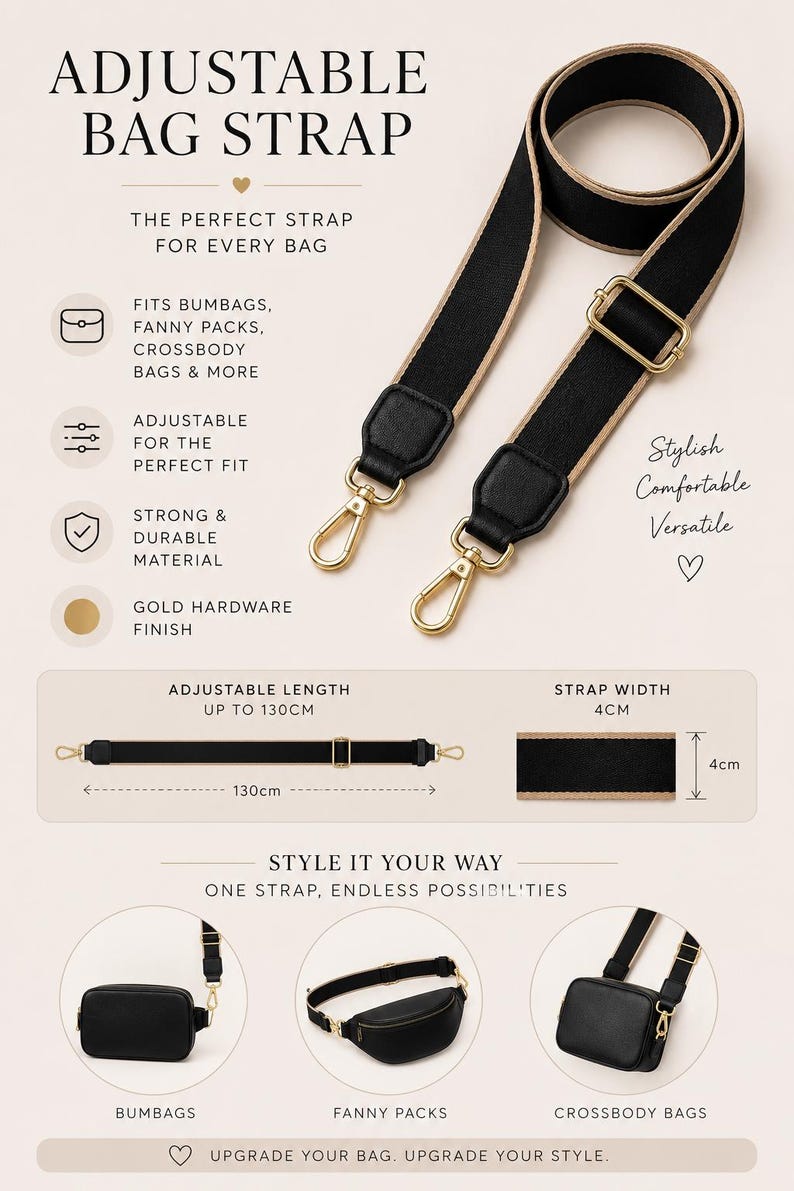 May include: An adjustable black bag strap with beige edges and gold-tone metal hardware. The strap features a maximum length of 130 cm and a width of 4 cm. It includes two lobster claw clasps and a sliding buckle for length adjustment.