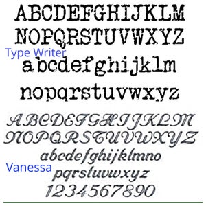 Op de afbeelding: Een zwart-wit afbeelding met twee verschillende lettertypen. Het eerste lettertype is een typemachinelettertype met de letters A-Z en a-z. Het tweede lettertype is een cursief lettertype met de letters A-Z, a-z en de cijfers 1-9. De tekst "Type Writer" en "Vanessa" zijn ook in de afbeelding opgenomen.