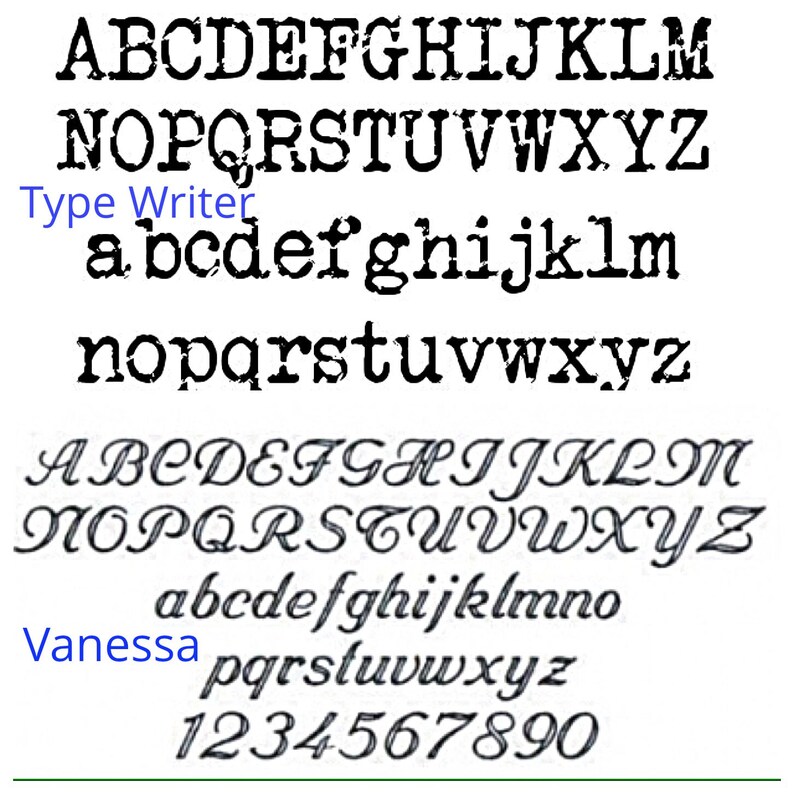 Op de afbeelding: Een zwart-wit afbeelding met twee verschillende lettertypen. Het eerste lettertype is een typemachinelettertype met de letters A-Z en a-z. Het tweede lettertype is een cursief lettertype met de letters A-Z, a-z en de cijfers 1-9. De tekst "Type Writer" en "Vanessa" zijn ook in de afbeelding opgenomen.
