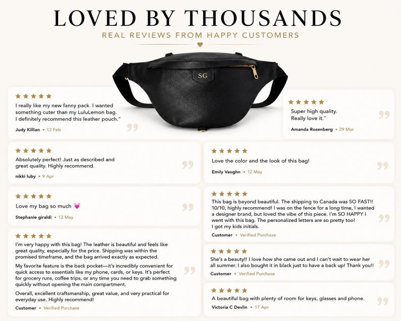 Peut inclure: Un sac banane en cuir noir avec une fermeture &eacute;clair dor&eacute;e et les initiales SG dor&eacute;es en relief sur le devant. Le sac est entour&eacute; d'avis clients avec des notes de cinq &eacute;toiles et le texte LOVED BY THOUSANDS REAL REVIEWS FROM HAPPY CUSTOMERS.