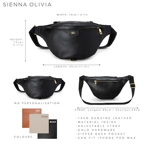 Peut inclure: Un sac banane en cuir noir avec des d&eacute;tails dor&eacute;s, une poche arri&egrave;re zipp&eacute;e et une sangle r&eacute;glable. Dimensions : 29 cm de longueur, 12 cm de largeur et 13 cm de hauteur. La sangle varie de 49 cm &agrave; 89 cm. Disponible en tan, stone et noir.