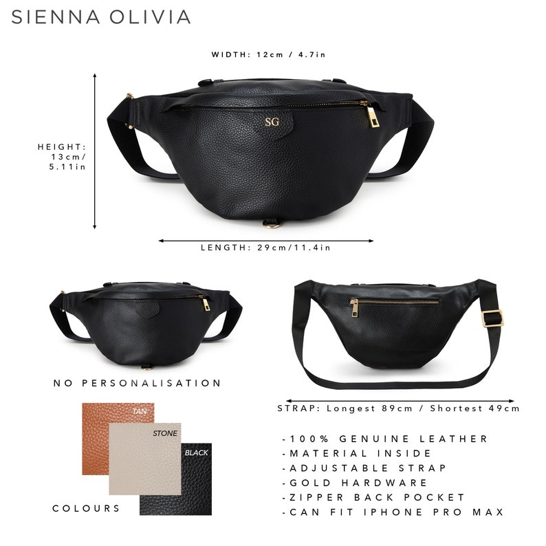 Peut inclure: Un sac banane en cuir noir avec des d&eacute;tails dor&eacute;s, une poche arri&egrave;re zipp&eacute;e et une sangle r&eacute;glable. Dimensions : 29 cm de longueur, 12 cm de largeur et 13 cm de hauteur. La sangle varie de 49 cm &agrave; 89 cm. Disponible en tan, stone et noir.