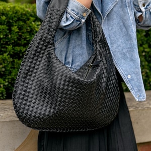 Geflochtene Leder Umhängetasche, Umhängetasche Leder, Schultertasche Schwarz