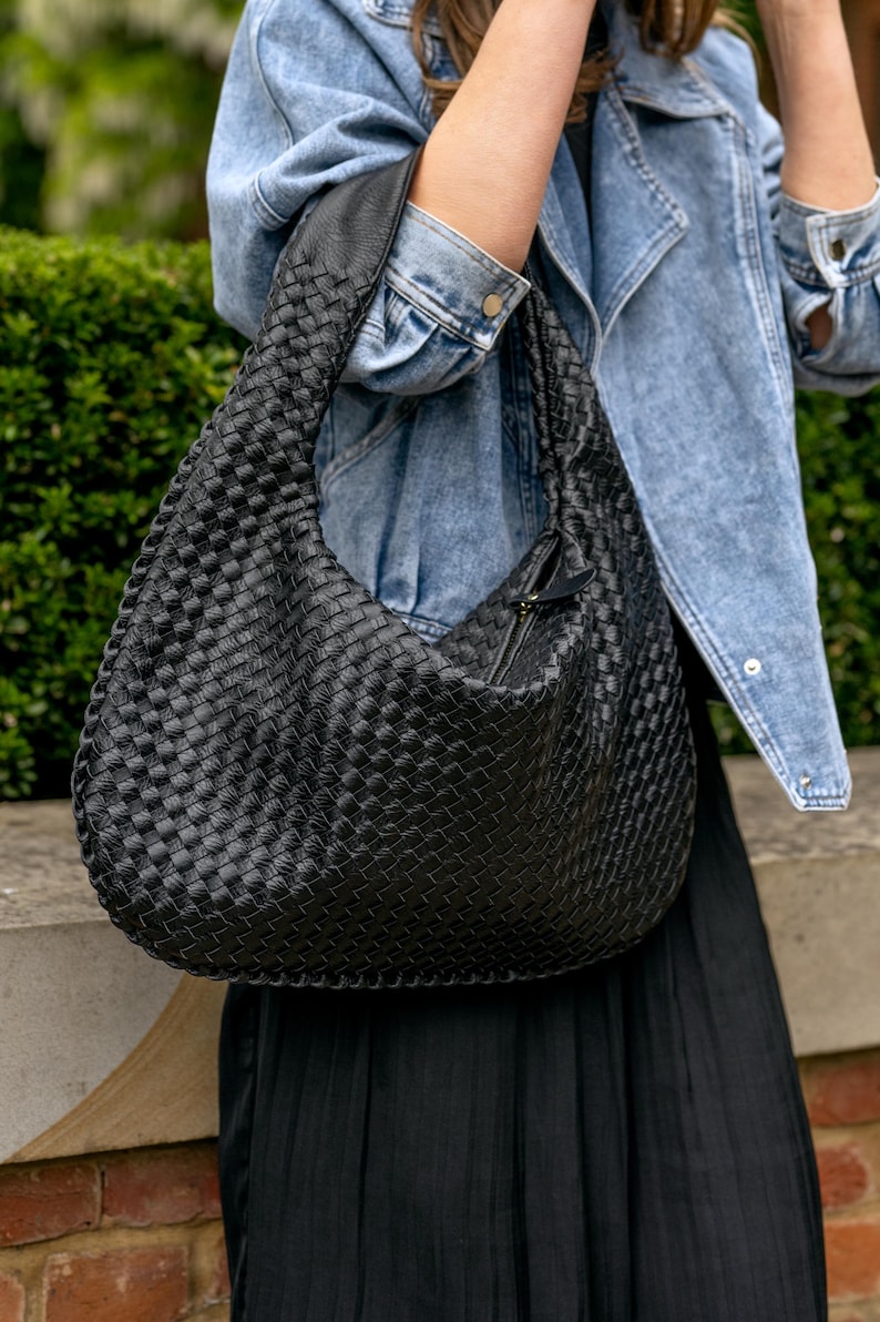 Geflochtene Leder Umhängetasche, Umhängetasche Leder, Schultertasche Schwarz
