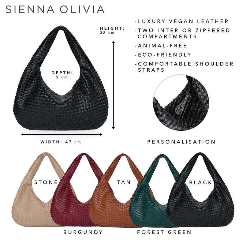 K&ouml;nnte beinhalten: Eine schwarze gewebte Handtasche mit zwei Rei&szlig;verschlussf&auml;chern, 32 cm hoch, 47 cm breit und 2 cm tief. Die Tasche ist aus veganem Leder und hat bequeme Schultergurte. Die Tasche ist auch in Stein, Braun, Burgunderrot, Waldgr&uuml;n und Schwarz erh&auml;ltlich.