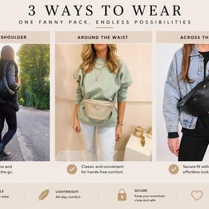 Peut inclure: Un sac banane pr&eacute;sent&eacute; de trois mani&egrave;res : sur l'&eacute;paule, autour de la taille et en bandouli&egrave;re. Le texte indique 3 WAYS TO WEAR, ONE FANNY PACK, ENDLESS POSSIBILITIES, VERSATILE, LIGHTWEIGHT, SECURE, et STYLISH avec des coches.