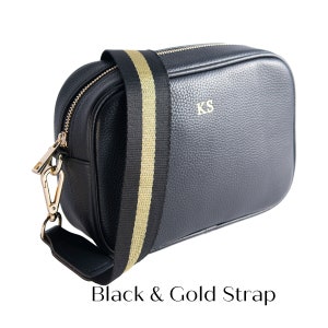 Personalised Leather Bag Detachable Straps Personalised Leather Cross Body Bag + Black & Gold