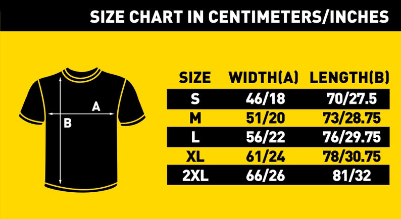 May include: Size chart for a t-shirt showing measurements in inches and centimeters. The chart shows the width and length of the shirt in different sizes: S, M, L, XL, and 2XL.