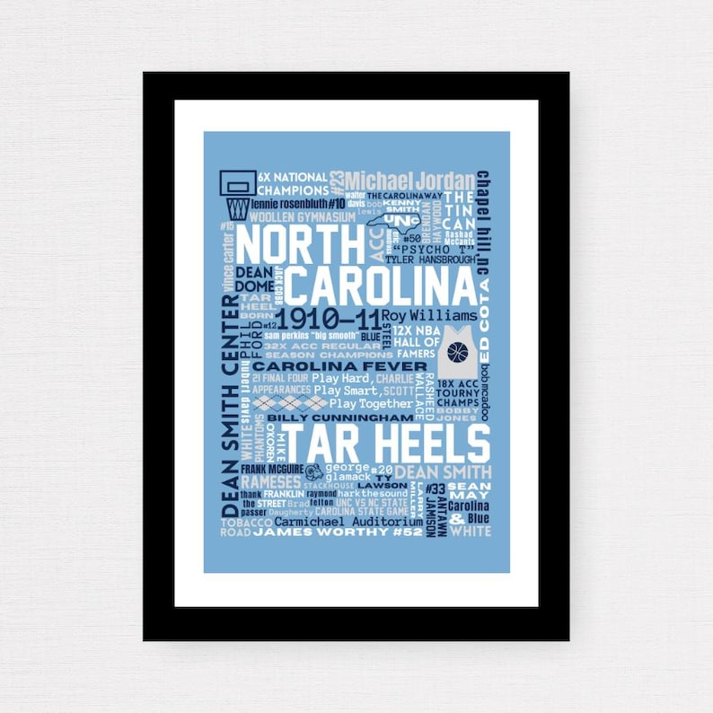 May include: A blue and white word cloud graphic featuring the text "Tar Heels" and "North Carolina" with the names of notable players and coaches, including Michael Jordan, Dean Smith, and Roy Williams. The graphic also includes the team's mascot, Rameses, and the school's official colors, Carolina blue and white.