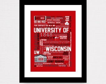 May include: A framed wall art print featuring a red background with white and black typography and graphics related to the University of Wisconsin. The design includes text such as University of Wisconsin, 1848, and various campus landmarks.