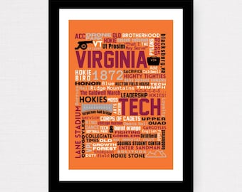 Impresión de collage sobre el campus, los edificios y las tradiciones de Virginia Tech (ACC) - Instituto Politécnico y Universidad Estatal de Virginia