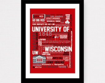 Puede incluir: Un gráfico de nube de palabras rojo y blanco con el texto "University of Wisconsin" en letras blancas grandes. El gráfico incluye la mascota de la universidad, Bucky Badger, y otras palabras y frases relacionadas, como "Go Big Red", "Badger", "Camp Randall" y "Jump Around".
