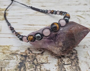 Rose Quartz, Tiger eye and with or without Hematite macrame choker.