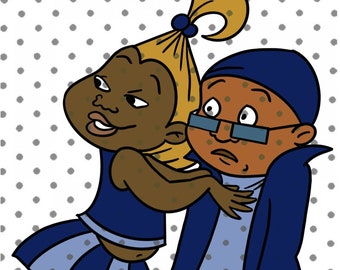 May include: A cartoon illustration of a girl wearing a blue and white cheerleading outfit with a yellow ponytail hugging a boy wearing a blue hat, glasses, and a blue jacket.