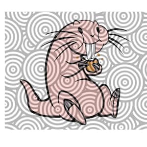 May include: A cartoon illustration of a pink naked mole rat eating a cookie on a background of concentric circles.