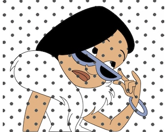 May include: A cartoon illustration of a woman with black hair wearing sunglasses and a white fur coat against a white background with black polka dots.