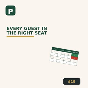 Könnte beinhalten: Eine digitale Grafik mit einem dunkelgrünen Quadrat mit einem weißen Buchstaben P, dem Text EVERY GUEST IN THE RIGHT SEAT mit einer goldenen Linie und einer Tabelle mit Spalten für Tischnummer, Kapazität, zugewiesene Gäste und freie Plätze.
