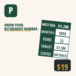 May include: A graphic featuring a dark green square with a white letter P, the text KNOW YOUR RETIREMENT NUMBER, and a table listing NEST EGG $1.2M, MONTHLY $850, YEARS 22, TARGET $1.5M, and STATUS ON TRACK, with a separate black box showing $19.