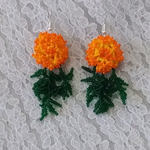 BEADED HUICHOL EARRINGS. Cempasuchil Flower. Boho Earrings. Floral earrings. Fringe earrings. Mexican Folk Art. Autumn earrings.