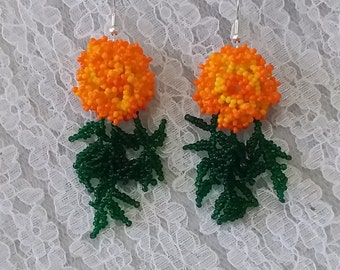 BEADED HUICHOL EARRINGS. Cempasuchil Flower. Boho Earrings. Floral earrings. Fringe earrings. Mexican Folk Art. Autumn earrings.