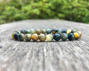 Dainty Golden Blue Tiger's Eye Bracelet 6mm Grade AAA Gold Blue Tiger's Eye Beaded Gemstone Bracelet Unisex Bracelet Stack Bracelet