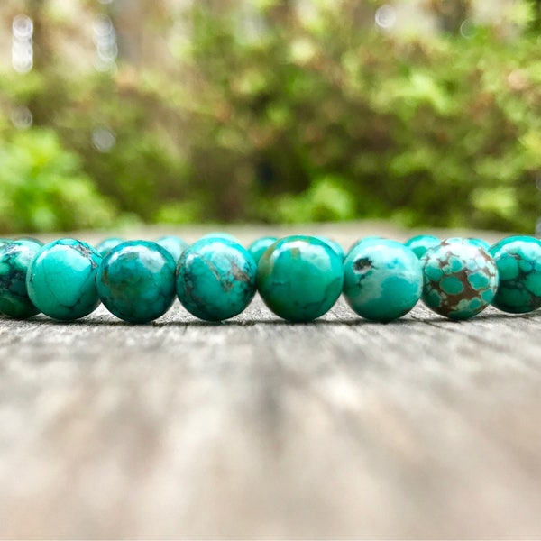 Dainty Hubei Turquoise Bracelet Handmade 7 mm Genuine Hubei Turquoise Beaded Gemstone Bracelet Teal Turquoise Stack Bracelet Unisex Bracelet