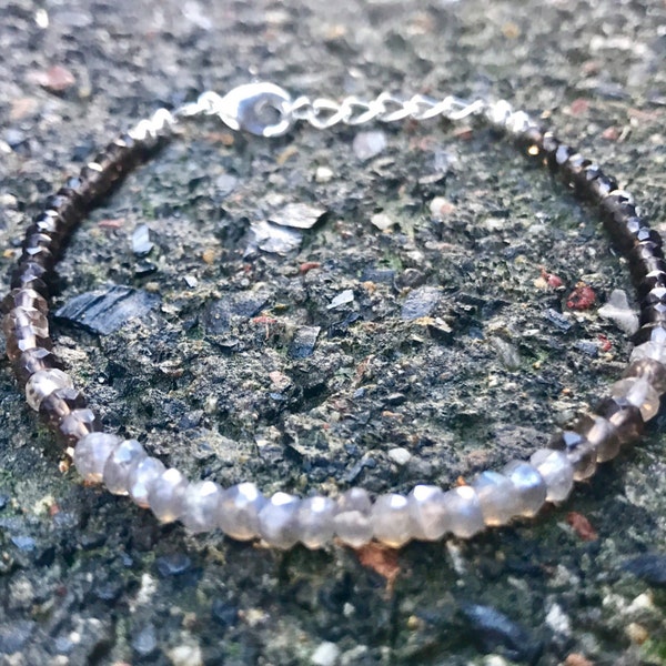 Handmade Dainty Labradorite, Garnet and Smoky Quartz Wire Strung Beaded Bracelet with Sterling Silver Lobster Clasp and Extension Chain