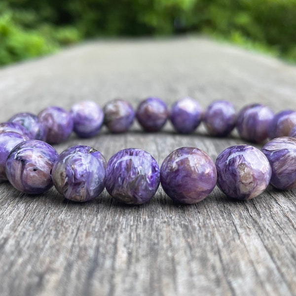 Chunky Charoite Bracelet Handmade Grade A 10mm Russian Charoite Beaded Gemstone Bracelet Purple Charoite Stack Bracelet Relaxation Bracelet