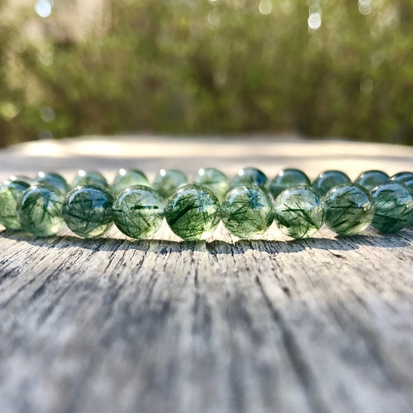 Actinolite Bracelet 8mm Vert Rutilé Quartz Perlé Pierre Précieuse Bracelet Cheveux Vert Quartz Bracelet Rutile Quartz Bracelet Cadeau Bracelet