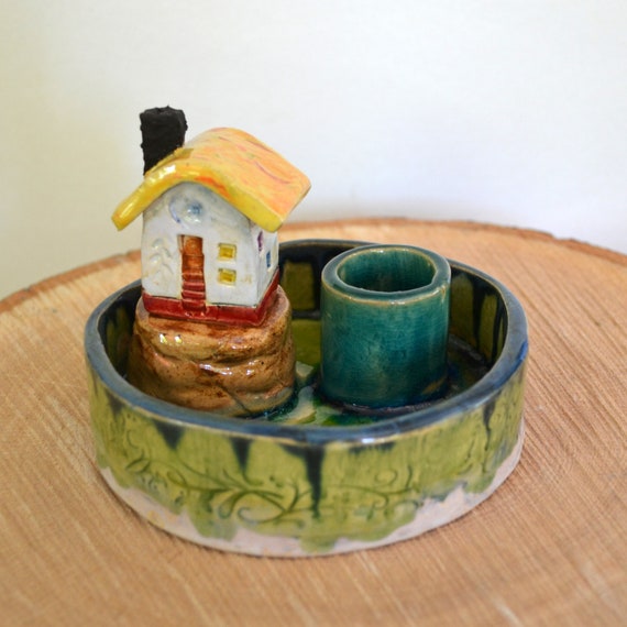 Ceramic candle holder "small world - house on the mountain"