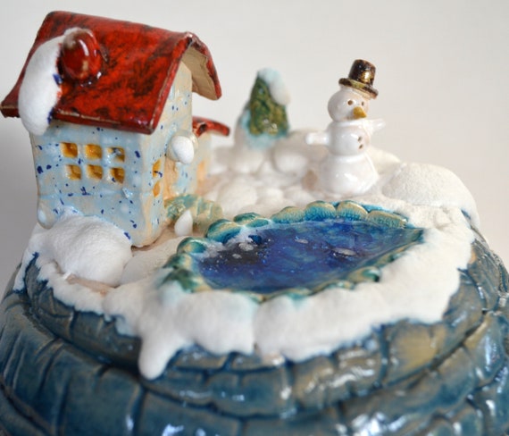 Winter ceramic ball "big little world - with house"