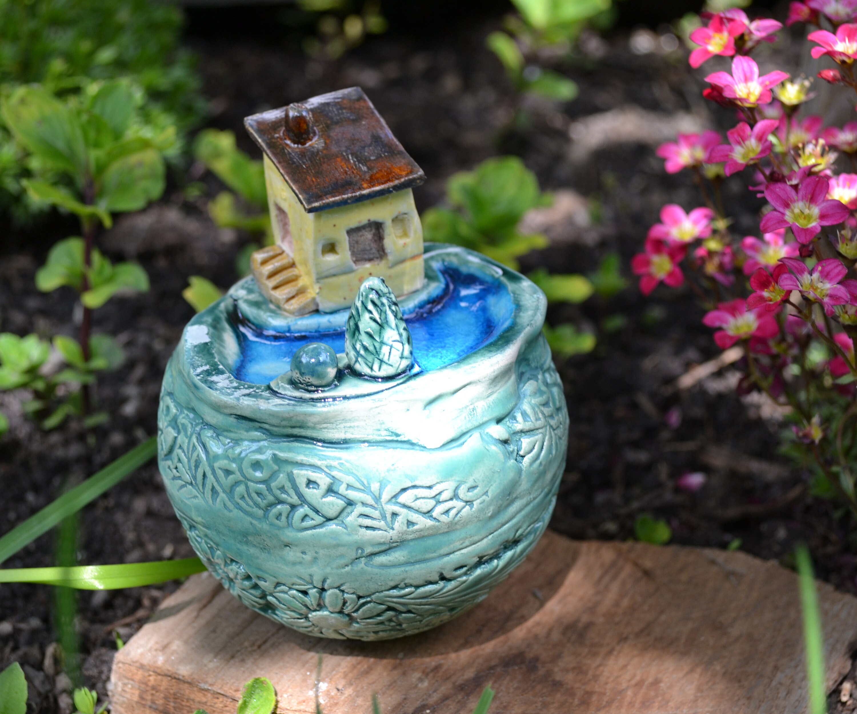 Ceramic garden ball Little worldhouse by the lake