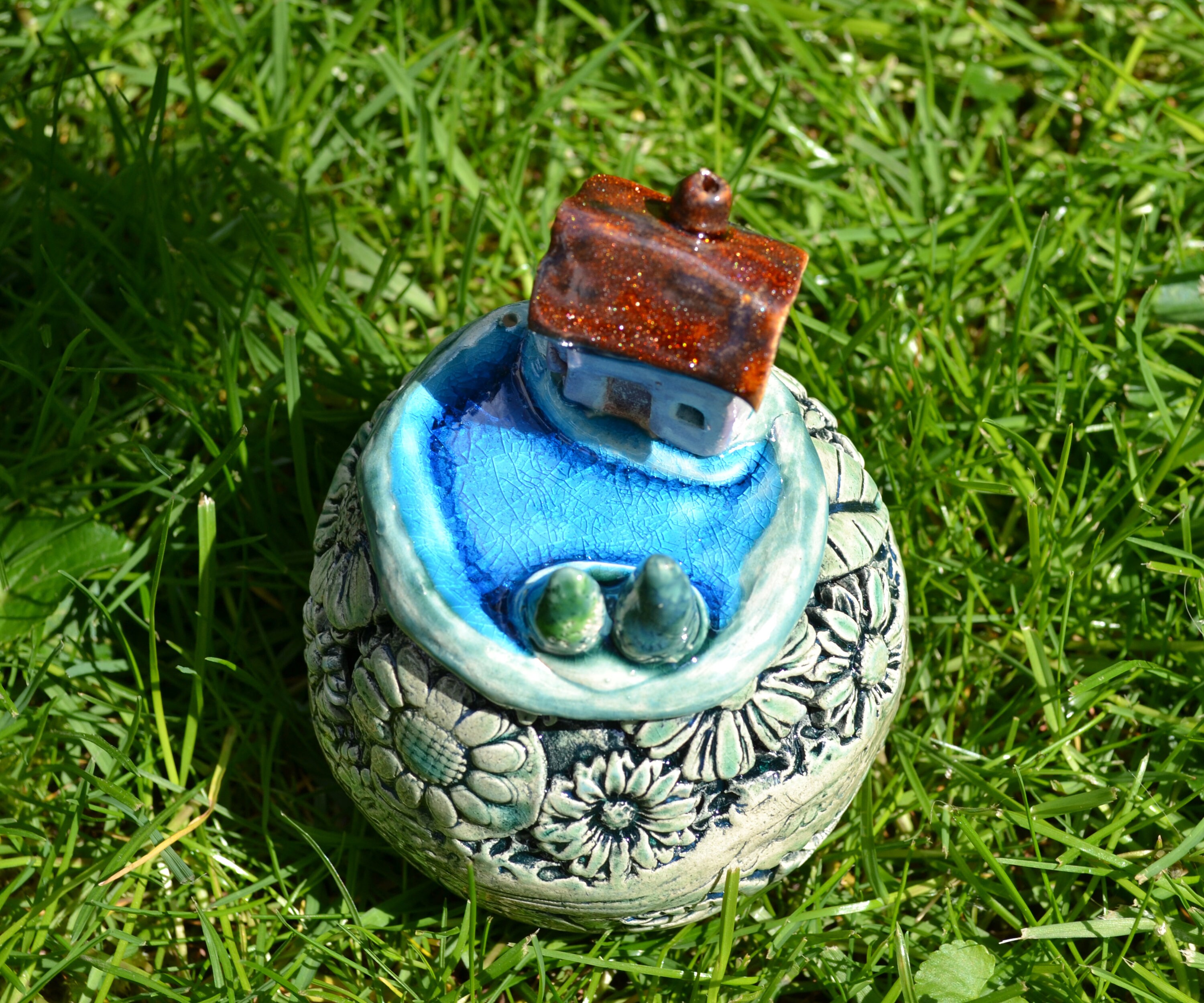 Ceramic garden ball small world house by the lake
