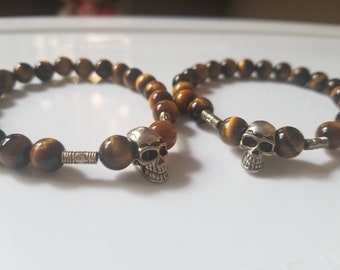 Tigers Eye Mens Bracelet with Skull and Tibetan Spacer Beads