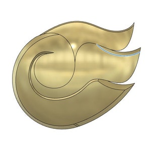 Può includere: Un emblema in metallo color oro a forma di fiamma stilizzata con un design curvo. L'emblema ha una superficie liscia e lucida.