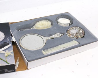 Hibiscus 5pc Silver Plated Vanity Set, Bedroom Dresser Set, Vintage Vanity Gift for Woman, Vintage Comb, Bristle Brush, Hand Mirror