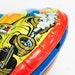 May include: A vintage tin toy top with a yellow car design. The car is driving on a rainbow-colored track with a blue background. The top has a hole on the side for winding.