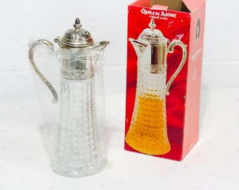 80s Vintage Queen Anne Water Carafe Claret Jug, Glass Carafe Water Pitcher, Glass Pitcher for Water, Vintage Serving Jug Glass Jug Water Jug
