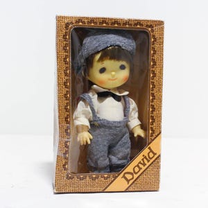 Può includere: Una bambola vintage di nome David, confezionata in una scatola decorativa. La bambola indossa un completo blu e bianco con cappello abbinato e papillon nero. La scatola presenta un design marrone strutturato.