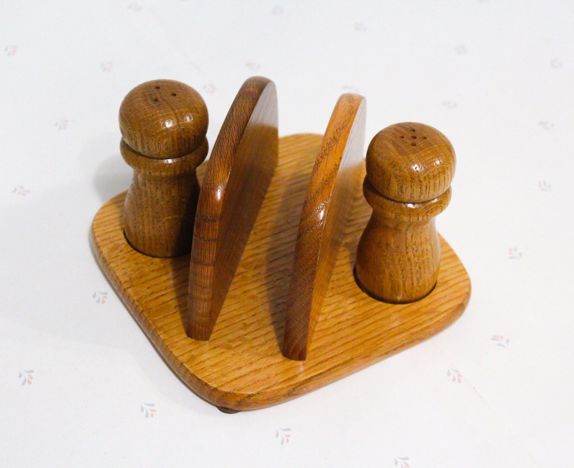 Solid Oak Wood Napkin Holder Salt and Pepper Table Set Salt Etsy