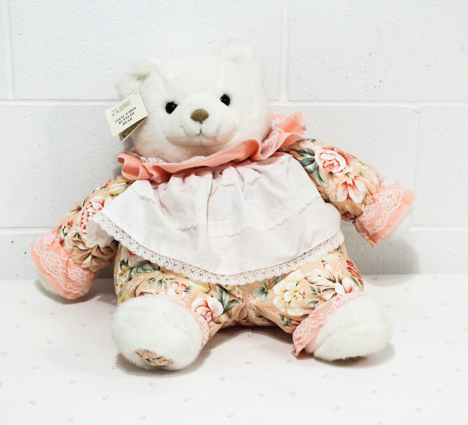 1990s Plush Creations Ruffles Bear Peach Floral Dress, 16