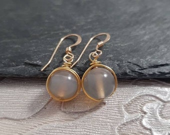 14K Gold Fill Gemstone Dangle Ornate Grey Agate Earrings Wire Wrap Drop Hook Earrings Gift Free UK Delivery