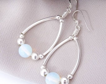 925 Sterling Silver Gemstone Dangle Ornate White Opal Earrings Tube Tear Drop Hook Earrings Gift Free UK Delivery