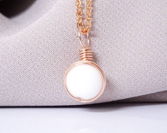 Rose Gold Plated Unique White Alabaster Wire Wrap Healing Pendant Necklace Gift Idea For Calm, strength and stability