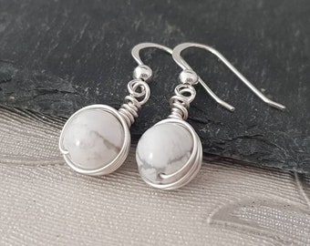 925 Sterling Silver Gemstone Dangle Ornate White Howlite Earrings Wire Wrap Drop Hook Earrings Gift Free UK Delivery WHOLESALE