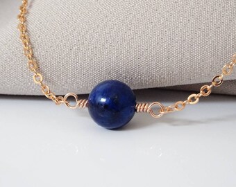 Rose Gold Plated Unique Lapis Lazuli Healing Pendant Choker Necklace Gift Idea For Calm, strength and stability