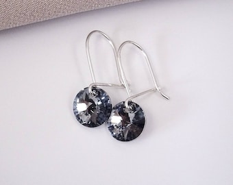 925 Sterling Silver Dangle Ornate Dark Grey Swarovski Crystal Round Circle Hoop Sleeper Earrings Gift