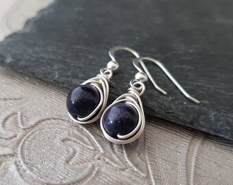 PERSONALISED 925 Sterling Silver Gemstone Dangle Ornate Blue Goldstone Earrings Wire Wrap Drop Hook Earrings Gift Free UK Delivery