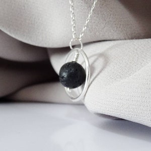 Lava Necklace Sterling Silver Unique Black Lava Wire Wrap Circle Healing Pendant Necklace Gift Idea For Calm, strength and stability image 2